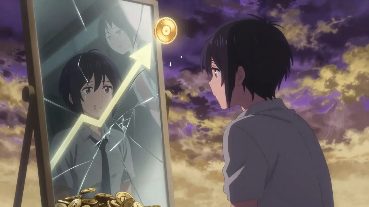 A character facing a mirror showing price rise and lost assets, with a fading deposit ghost.