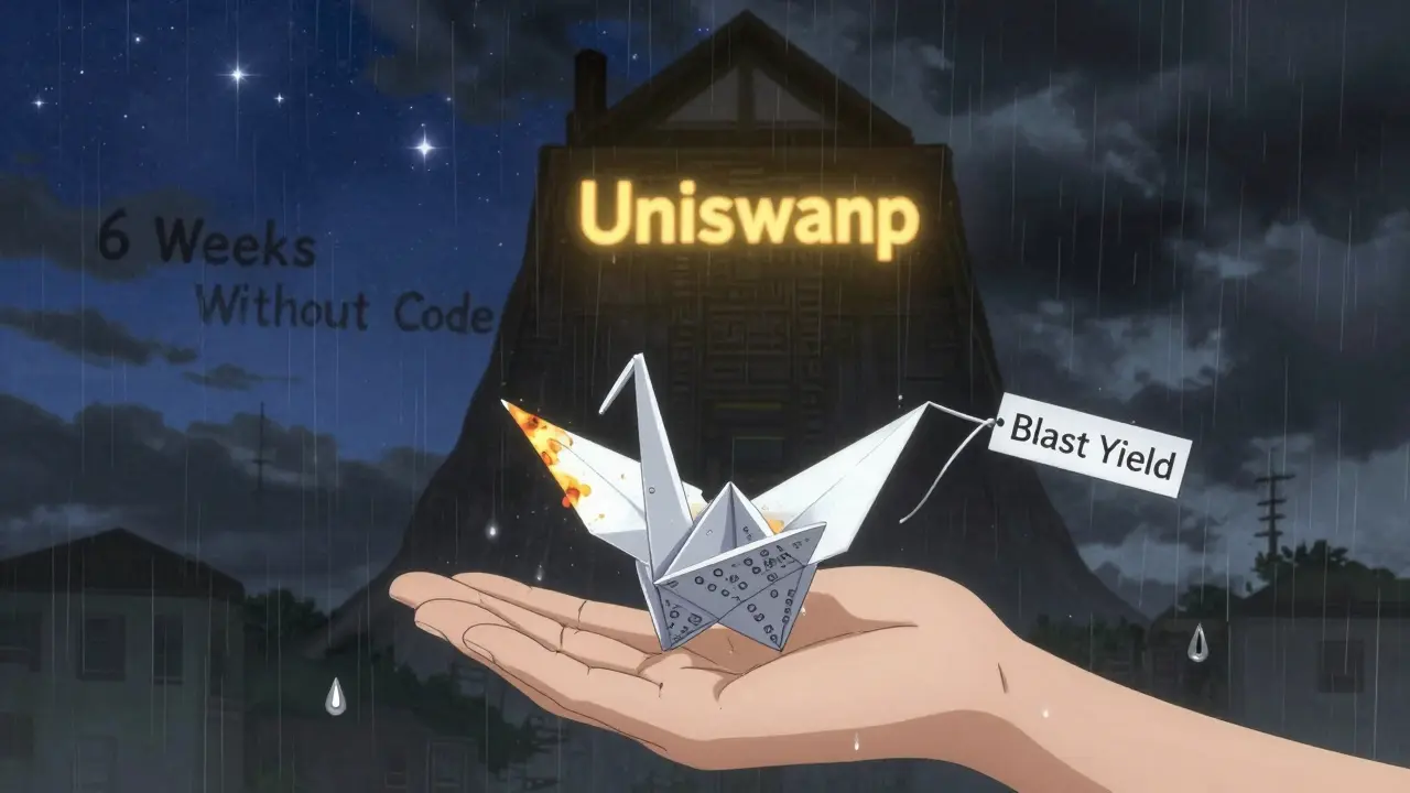 A child holding a fragile blockchain crane tied to Blast, shadowy Uniswap in background, gentle rain.