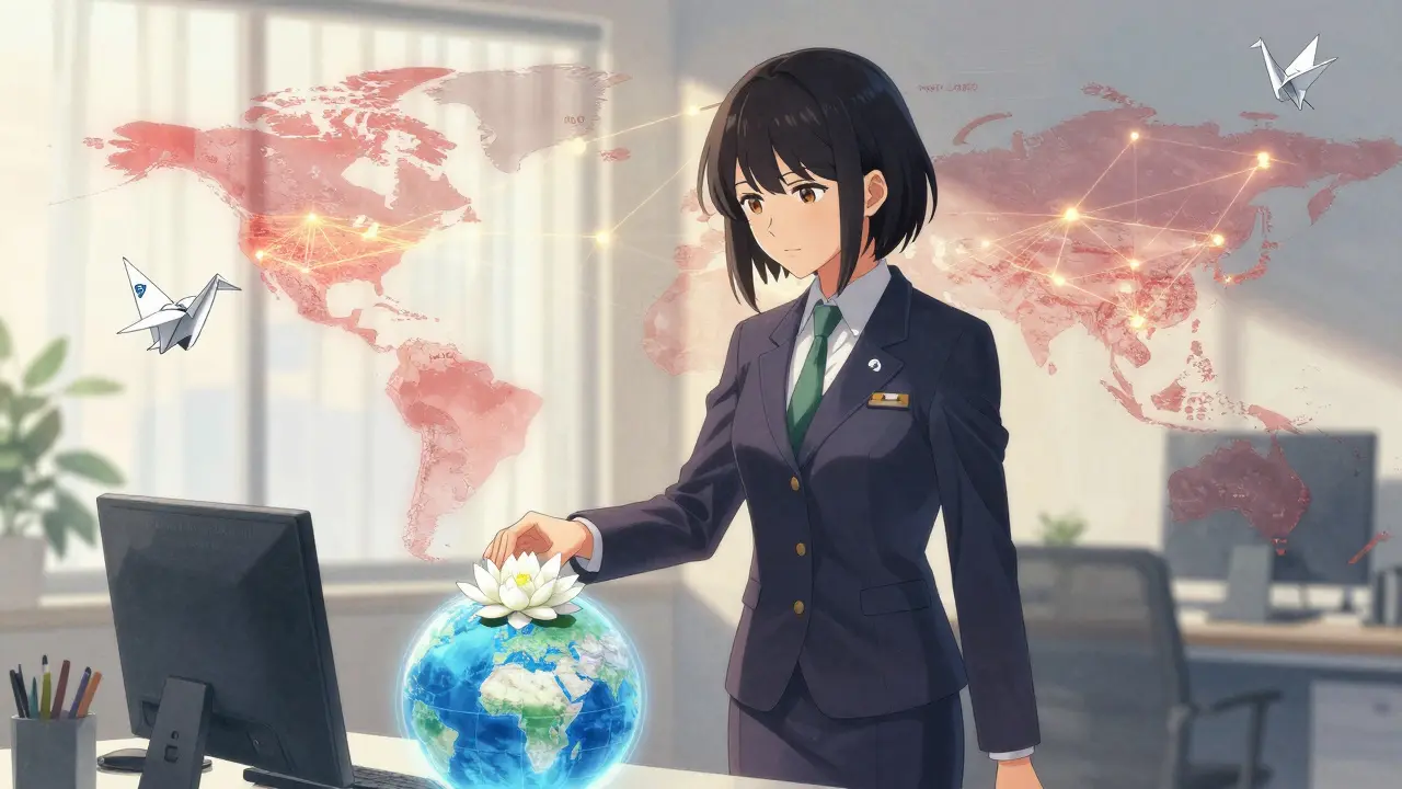 A compliance officer places a lotus flower on a holographic globe marking newly added FATF greylist countries.