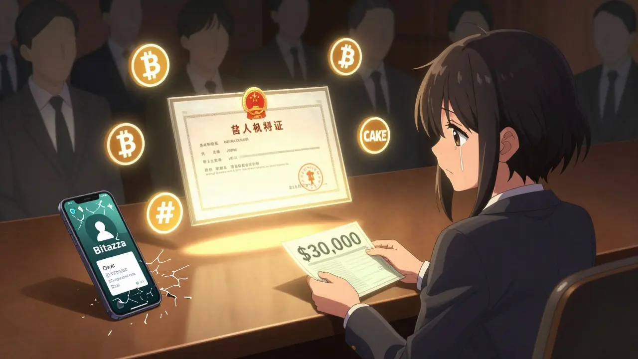 A courtroom scene with a Thai SEC license glowing above shattered crypto symbols and a frozen app screen.