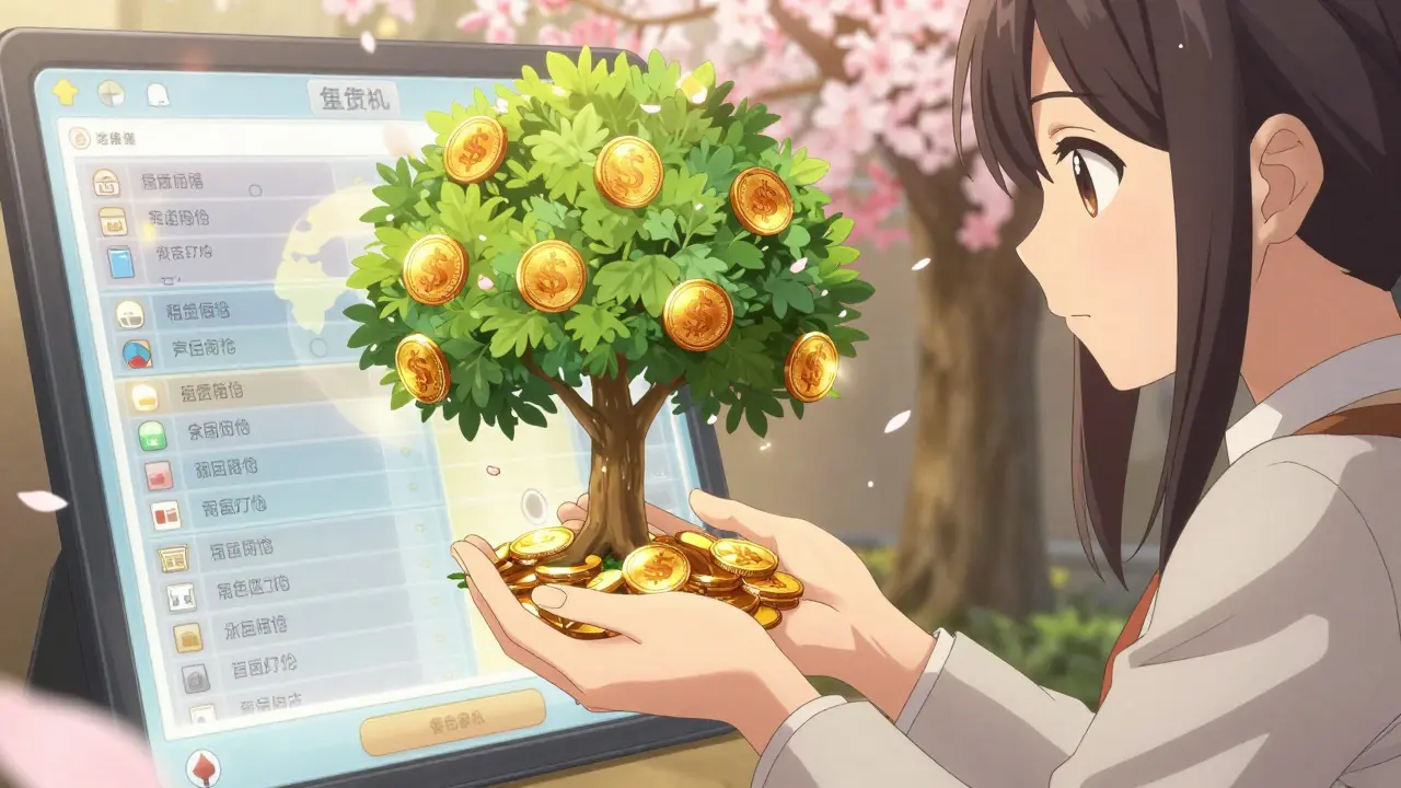 A digital wallet blooms into a tree of tokens, with golden rental income falling like leaves.