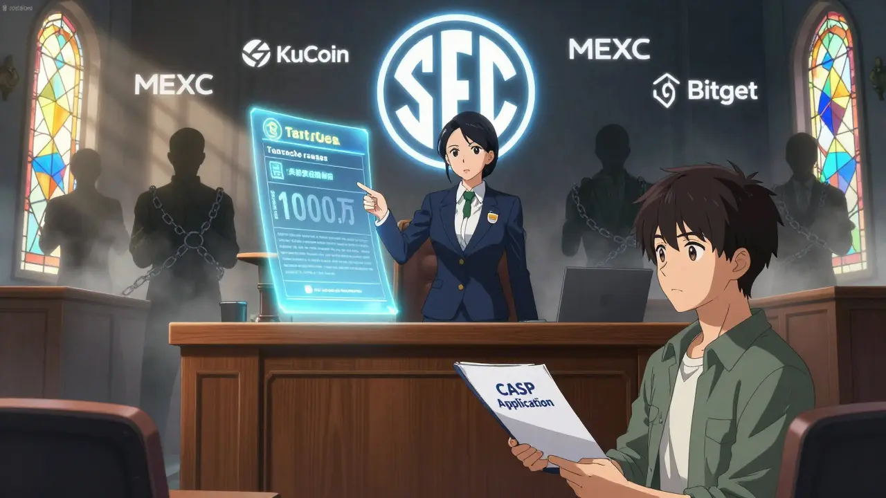 A female regulator stands before a courtroom hologram showing crypto exchange compliance requirements.