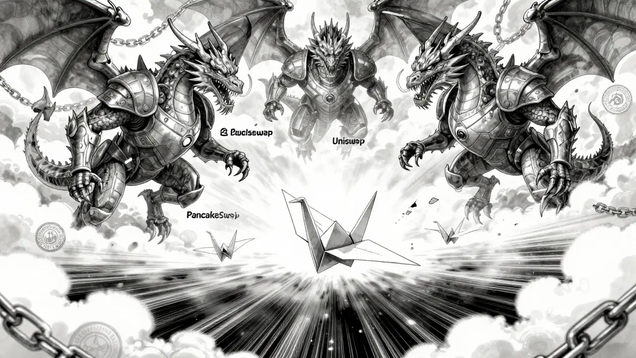 A fragile paper crane labeled DuckSwap drifts toward darkness while powerful crypto dragons fly above.