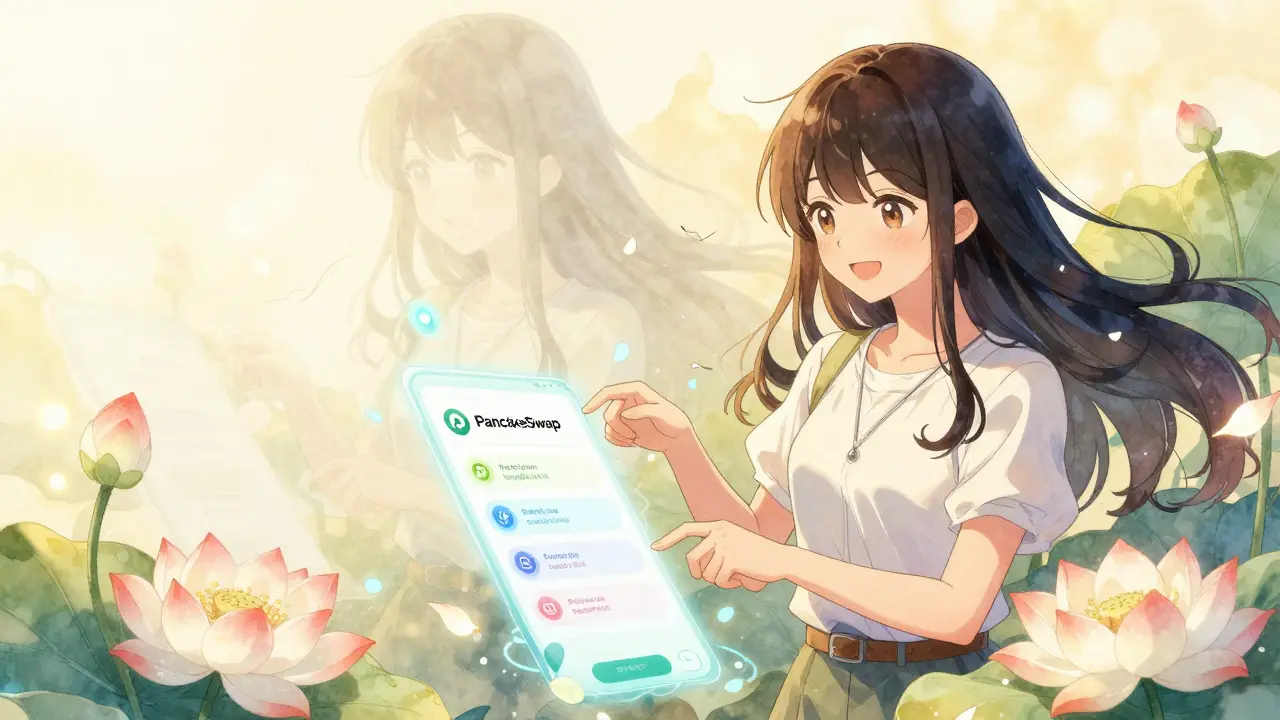 A girl calmly trading on PancakeSwap with blooming lotus flowers, while a fading fake LFJ (BSC) fades into smoke.