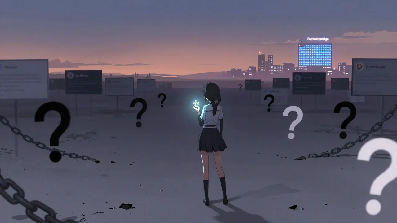A girl holds a single token in a vast landscape of question marks, while distant crypto projects shine far away.