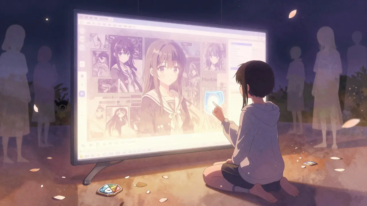 A girl in a hoodie gazing at a fading MurAll canvas, holding a glowing PAINT token as ghostly art traces linger behind her.