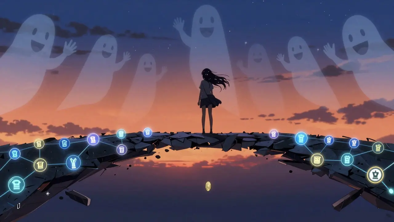 A girl on a crumbling blockchain bridge as ghostly figures fade away above.