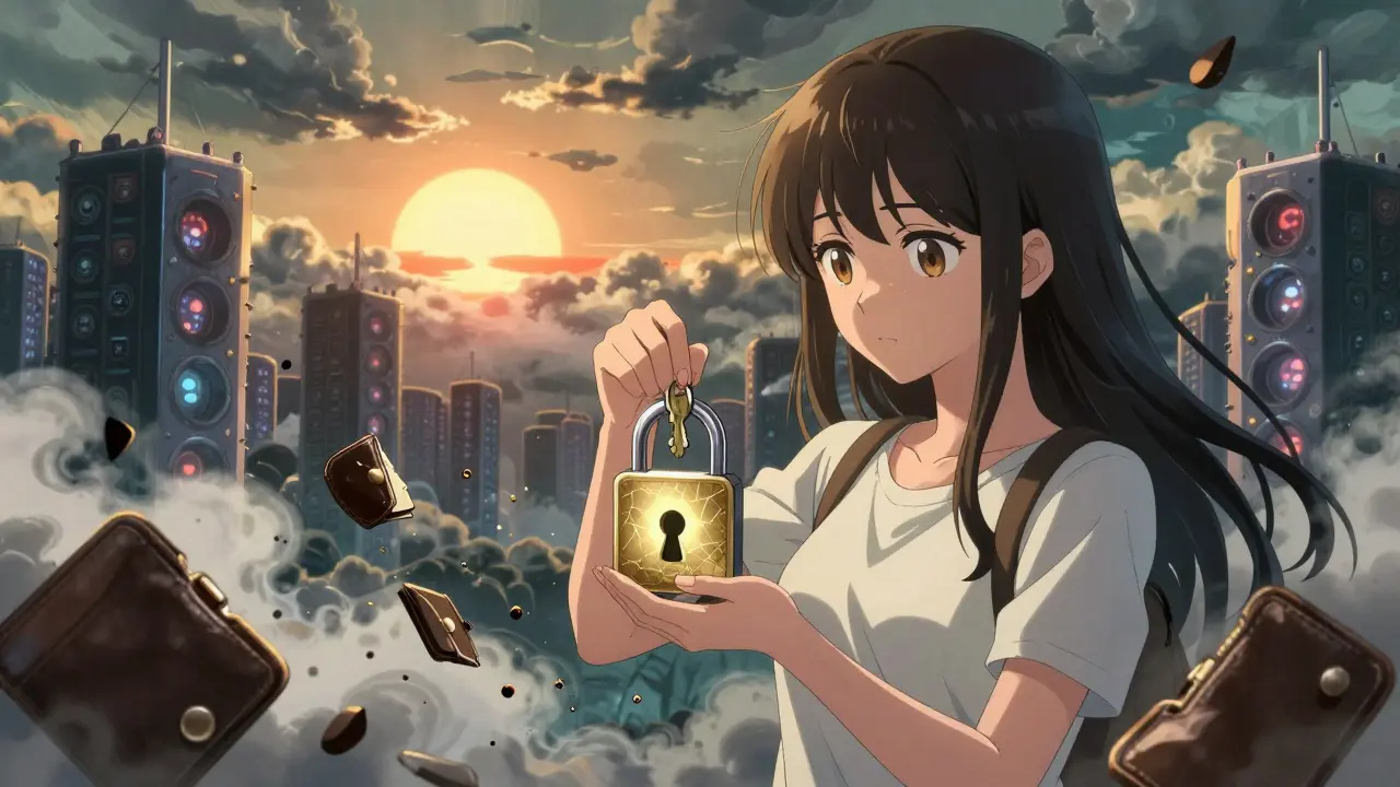 A girl placing an NFT key into a blockchain lock as fake wallets crumble into ash behind her.
