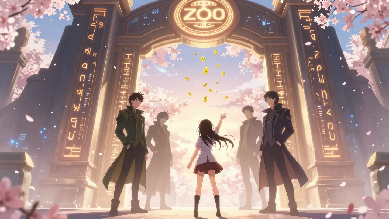A girl reaching toward a luminous gate as golden ZOO tokens fall like blossoms, with the project team behind her.