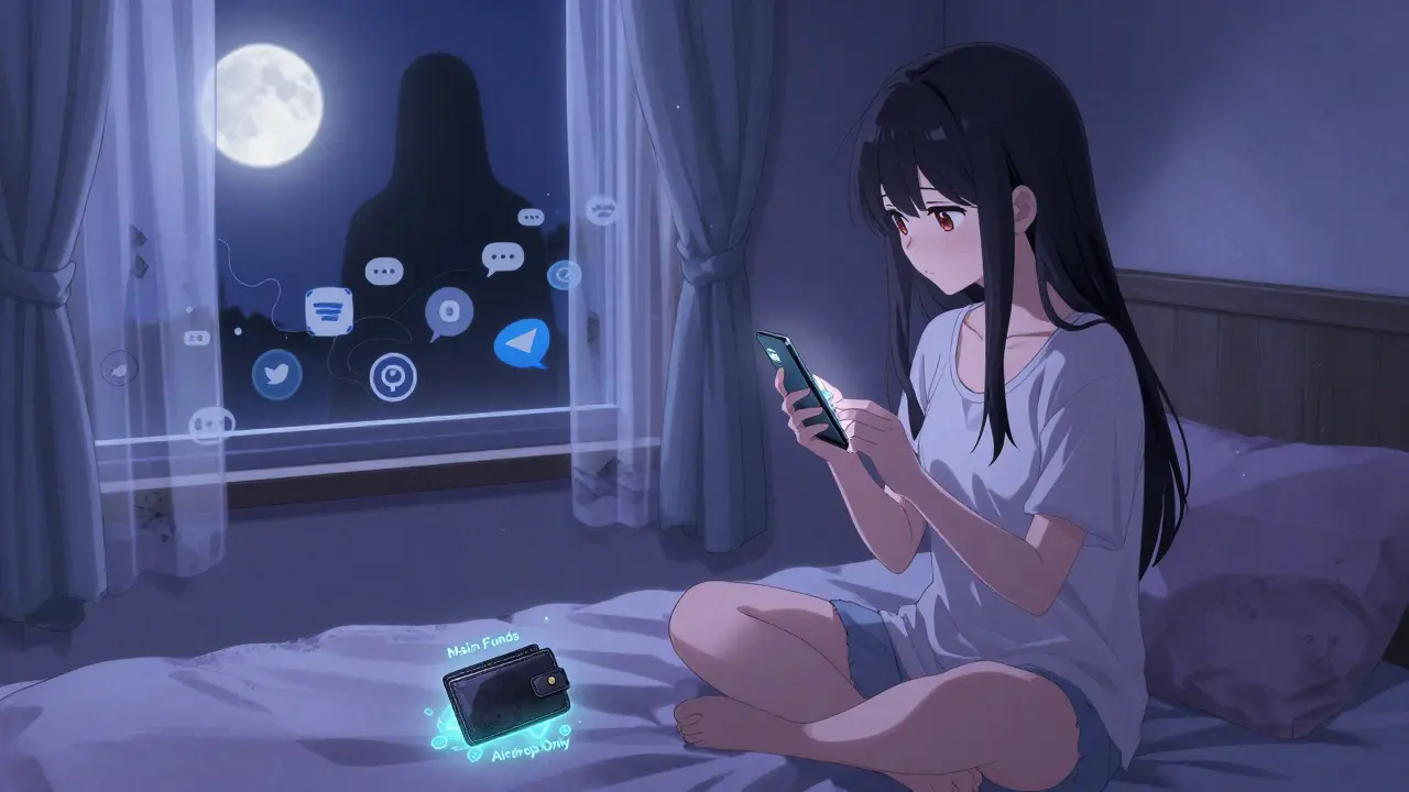 A girl sits at night with two wallets, one glowing, as social media shadows loom outside her window.