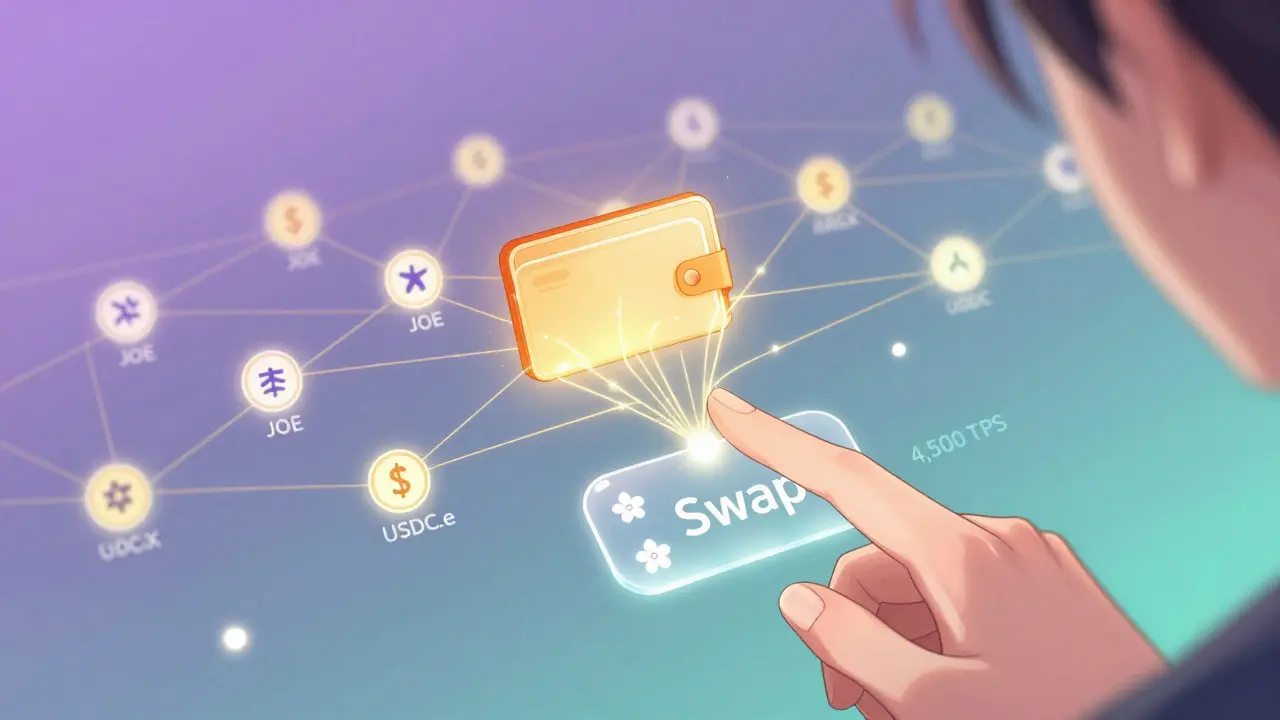 A glowing wallet connecting to floating tokens with zero-fee flowers blooming around it.