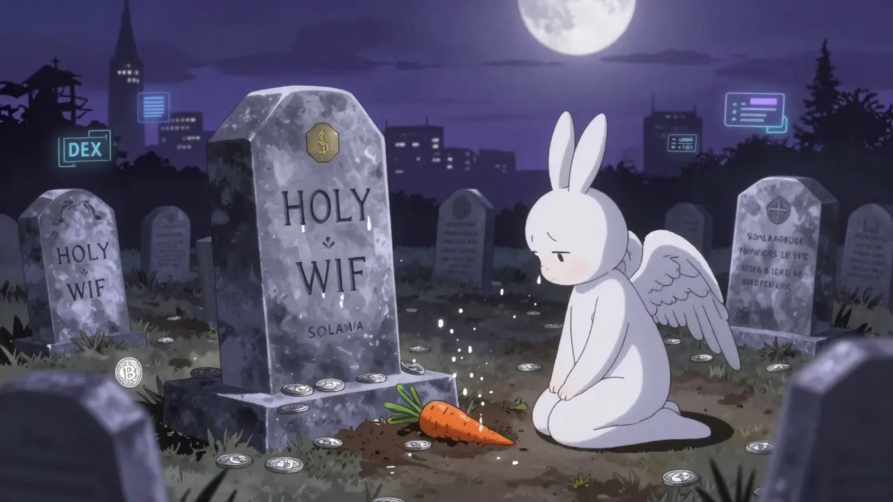 A graveyard of dead meme coins under a moonlit Solana sky, with an angel bunny dropping a wilted carrot into a grave.