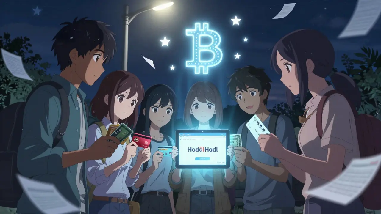 A group of young people in Bangladesh sharing a tablet to trade Bitcoin, Tor network glowing around them at night.