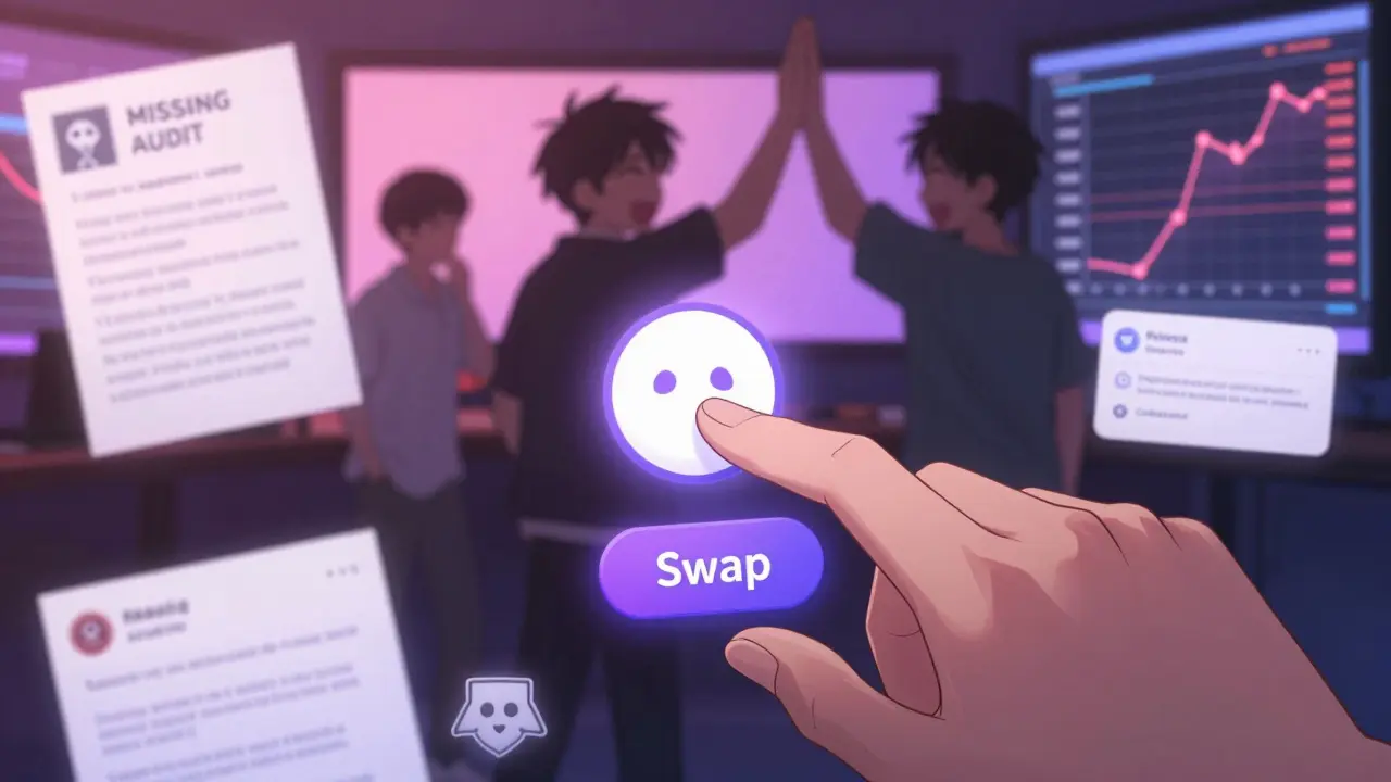 A hand hesitates over a swap button as ghostly reviews and audits disappear around it.