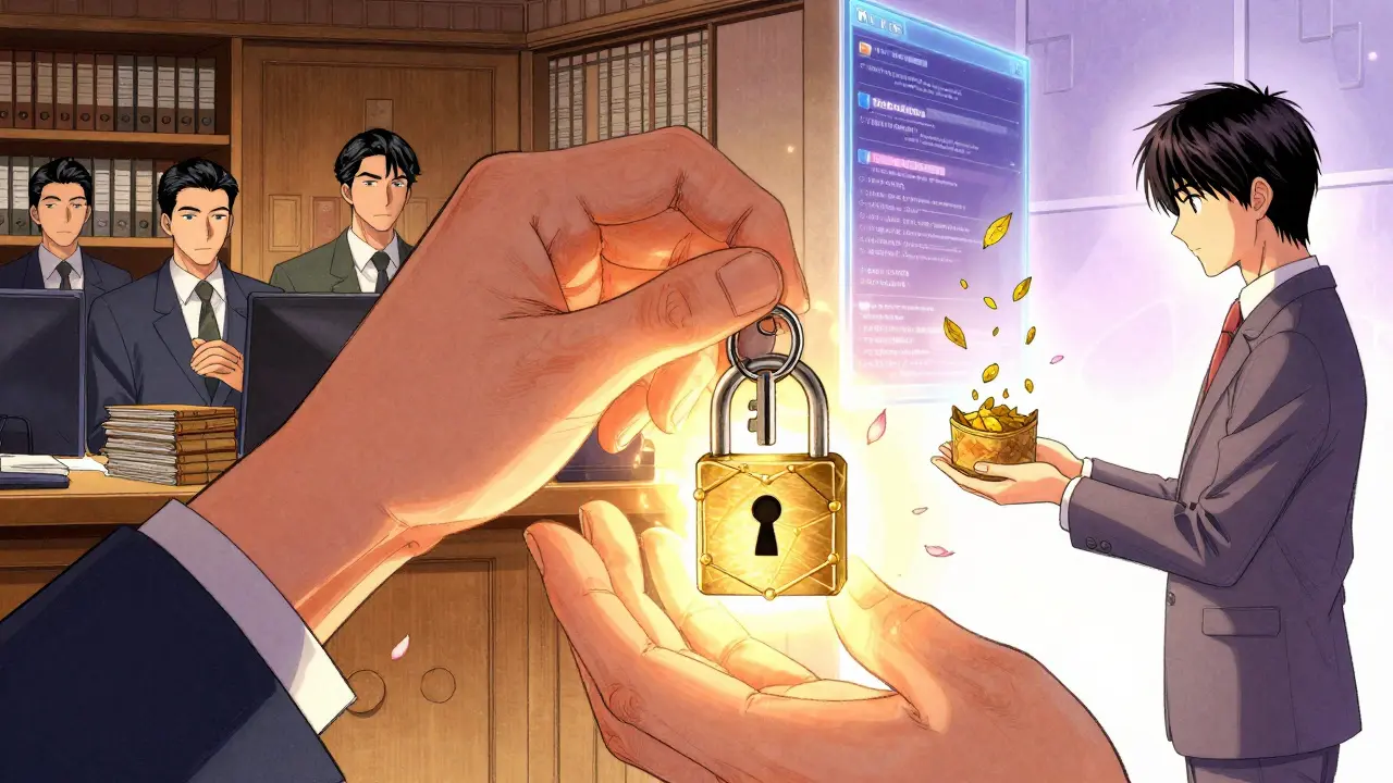 A key unlocking a blockchain lock, contrasting old real estate offices with a bright digital wallet receiving rent payments as golden leaves.