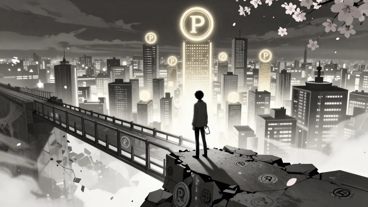 A lone figure holding a fading POUCH app as a digital bridge crumbles behind them.