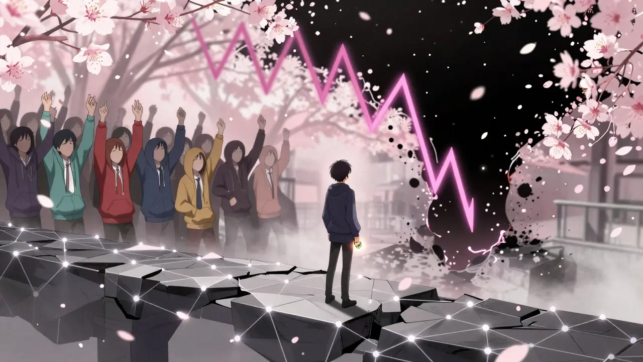 A lone figure on a crumbling blockchain bridge, watching a price chart vanish into darkness as crowds cheer.