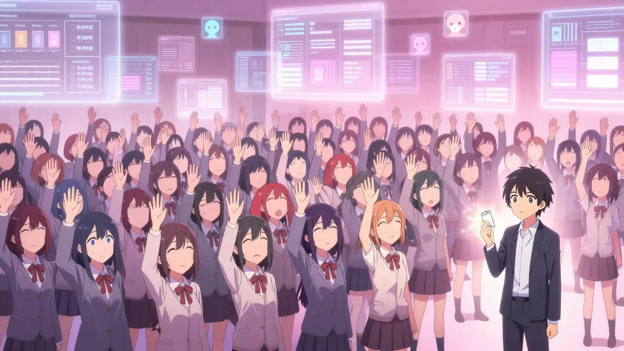 A lonely user in a crowd of identical voting bots, surrounded by floating governance charts.