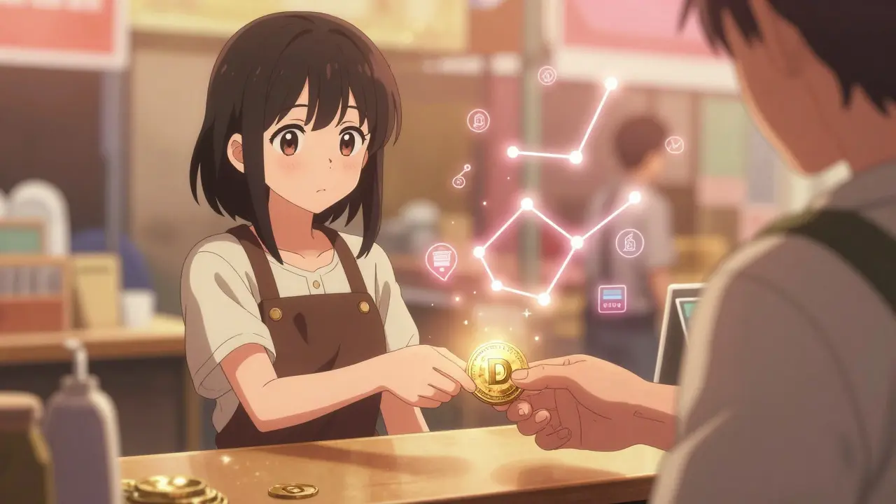 A merchant in Nairobi accepts a COTI Dime payment as trust scores glow like stars around them.