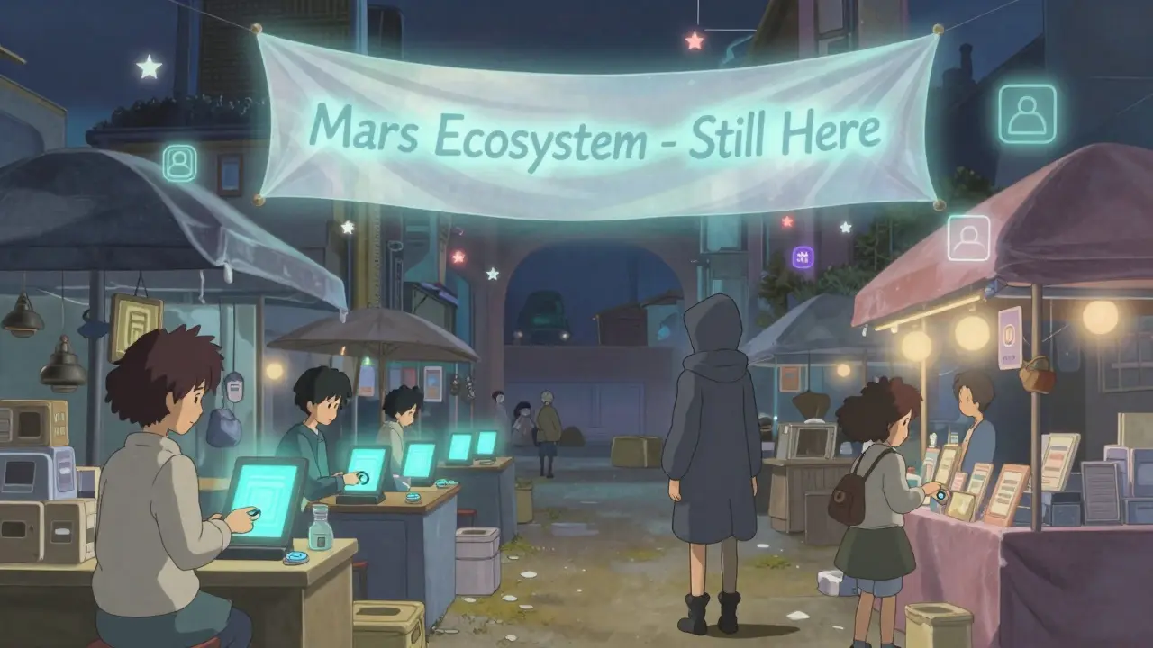 A quiet marketplace where USDM payments are made, with a faded Mars Ecosystem banner overhead.