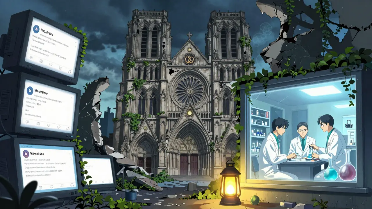 A ruined DeSci cathedral with a dying ONC lantern beside a real lab where scientists work under bright lights.