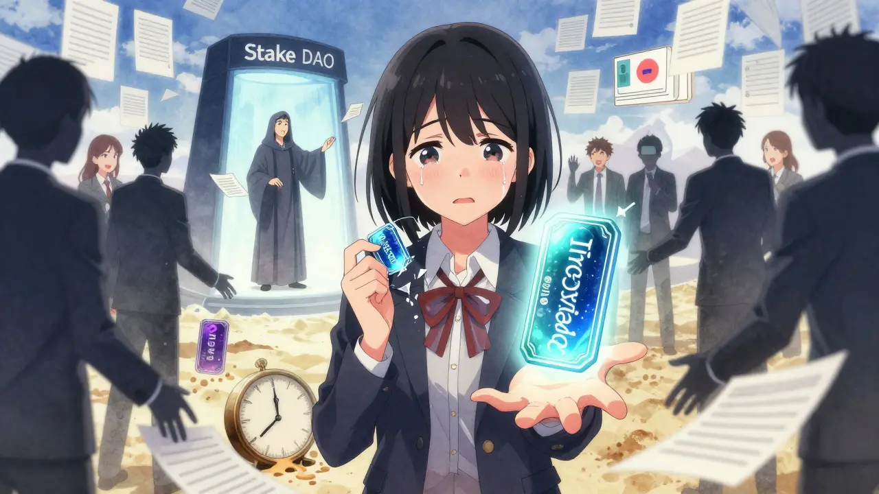 A tearful girl holds a broken CRV token while sdCRV floats above her, with warning text and shadowy figures around her in a dreamy digital landscape.