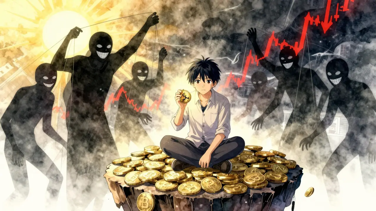 A trader sits on floating tokens as shadowy figures manipulate price graphs with puppet strings behind them.