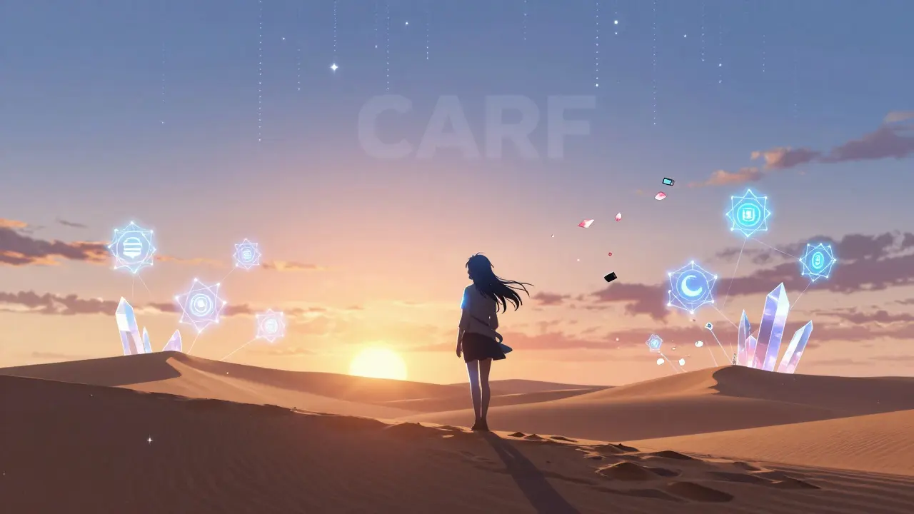 A traveler on a desert dune holding a crescent-shaped USB drive, surrounded by glowing blockchain dunes under a starry sky.