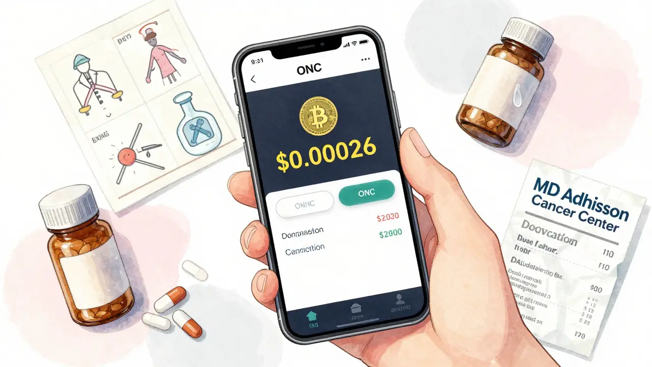 A trembling hand holds a phone showing ONC's zero-volume price, surrounded by medical waste and a tear-stained receipt.