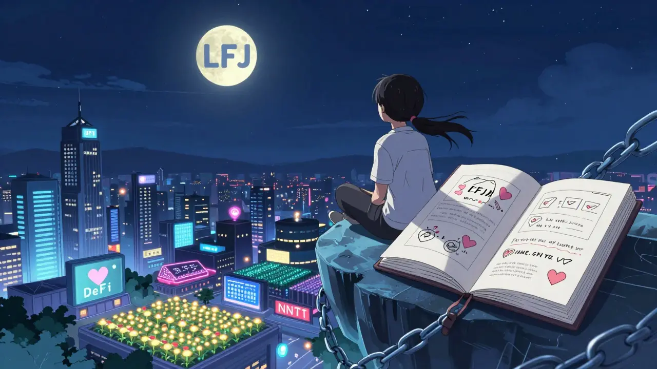 A user stargazing on a blockchain platform under a moon shaped like the LFJ token.