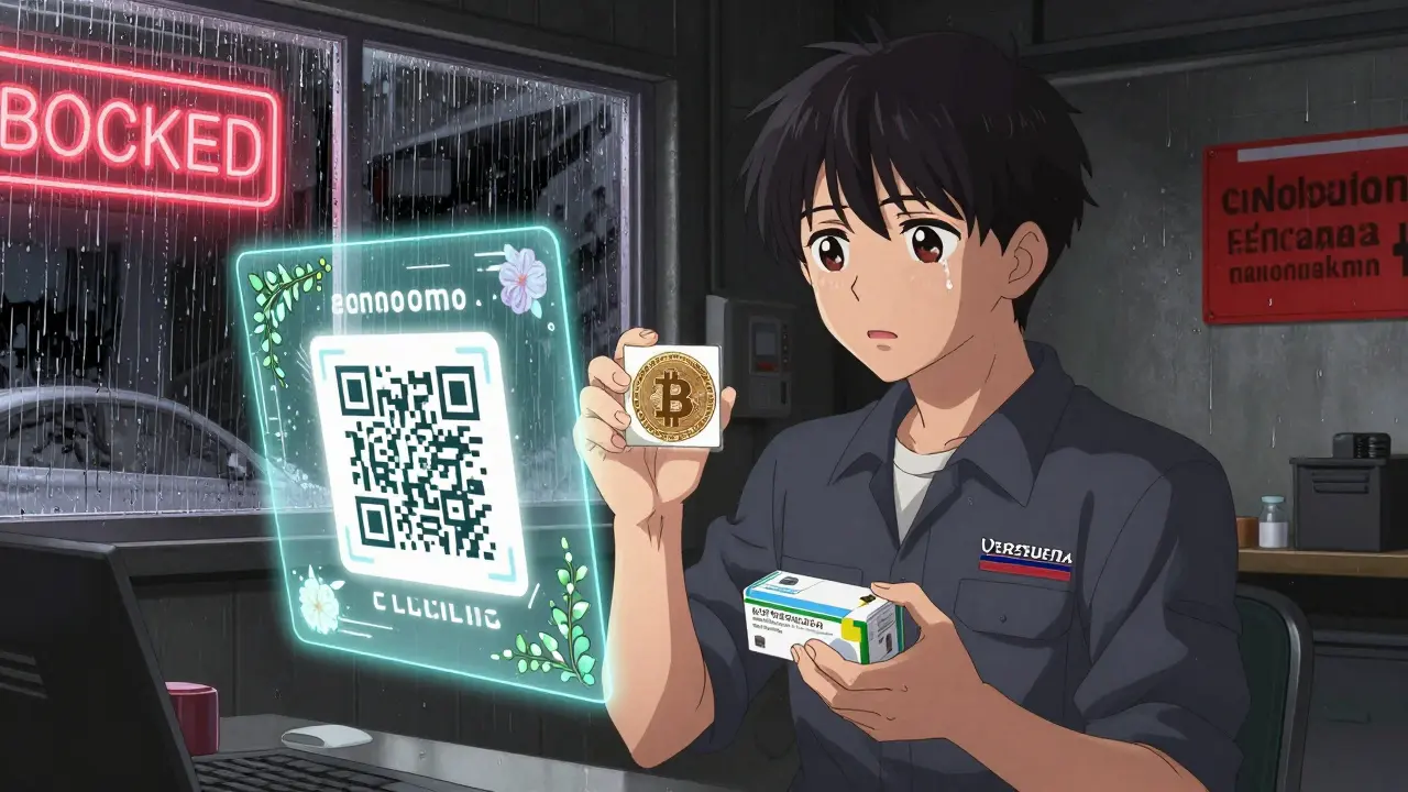 A Venezuelan mechanic holding medicine, waiting for Bitcoin payment confirmation in a rainy garage.