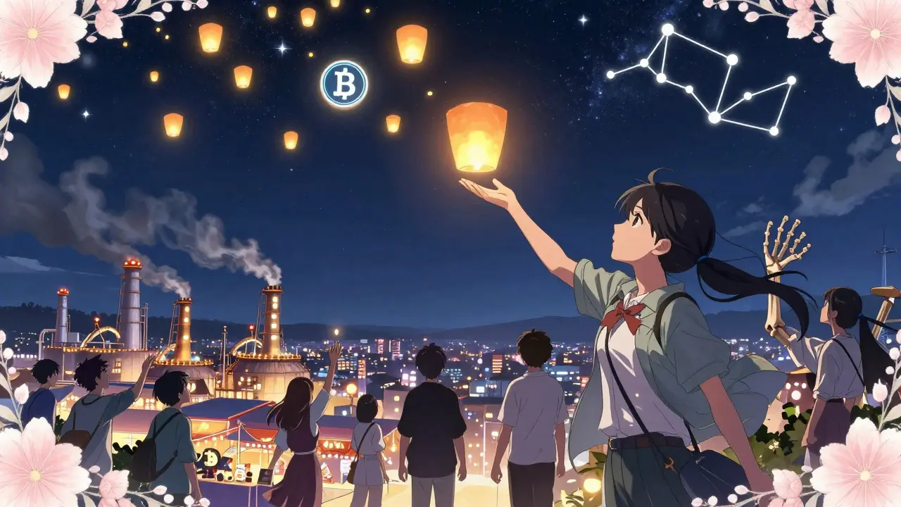 Celestial marketplace of staking tokens above a city, with fading mining factories below under a starry sky.