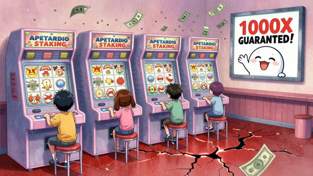 Children playing APETARDIO slot machines in a colorful casino arcade, while the floor cracks beneath them.