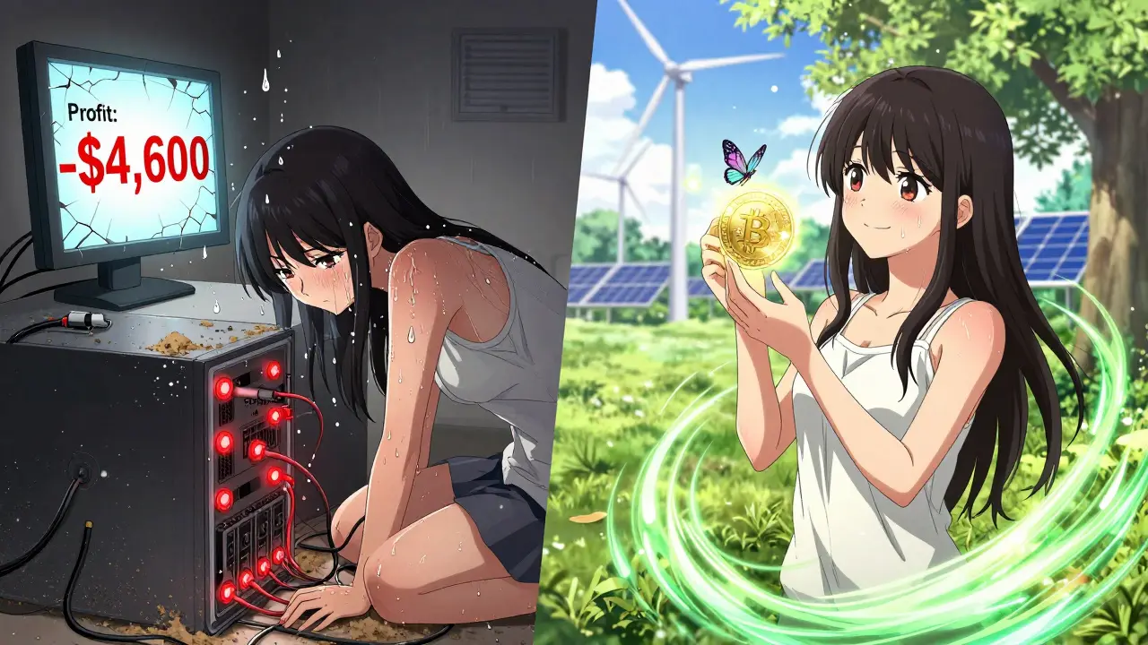 Contrasting scene: a frustrated miner with overheated hardware vs. the same person calmly staking crypto in a sunlit park.