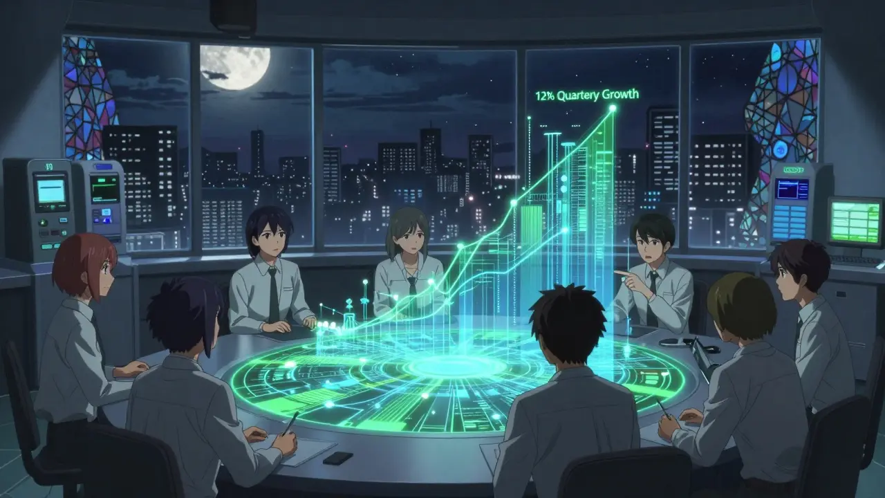 Developers monitor a holographic Trustchain network with data rivers flowing between nodes.