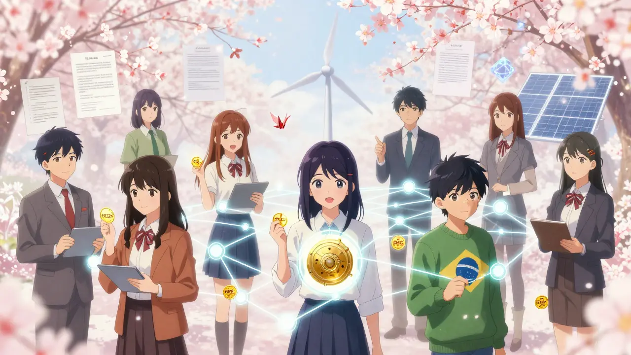 Diverse investors connected by floating tokens representing wind farms, gold, and solar farms, with cherry blossom blockchain nodes in the background.