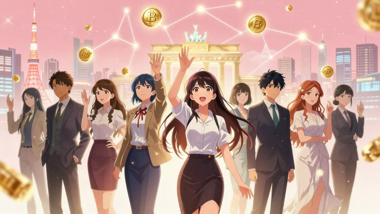 Diverse investors reaching toward holographic blockchain tokens connected to world landmarks.