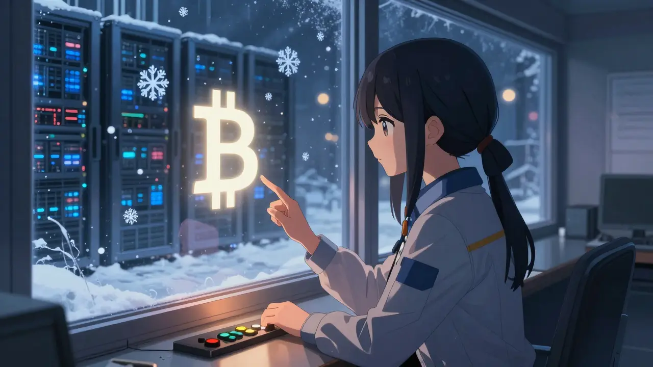 Female engineer in a control room reducing power to a data center, Bitcoin symbols dissolving into snow.