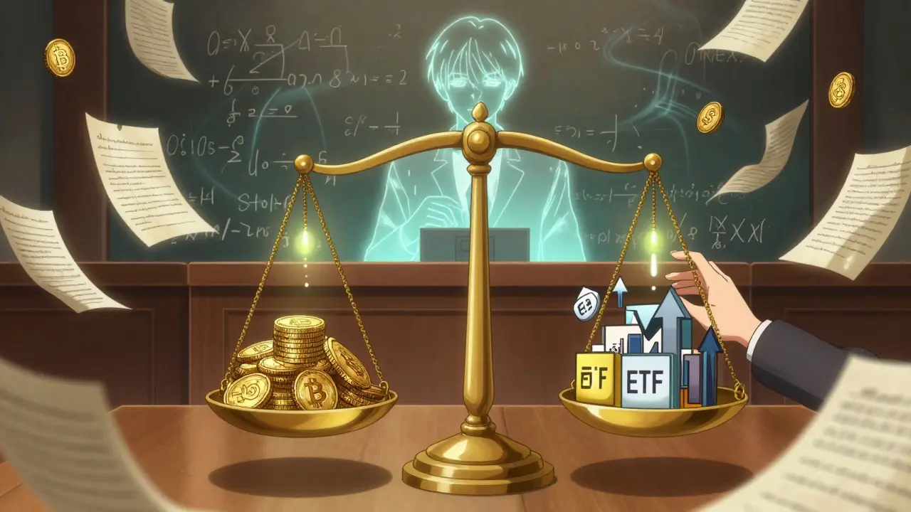 Floating ledgers and ETF icons balancing against shrinking Bitcoin coins in a symbolic courtroom.