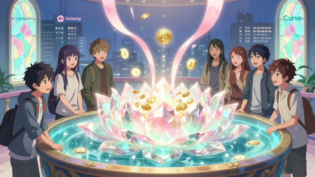 Friends depositing tokens into a glowing lotus-shaped liquidity pool with radiant ribbons.