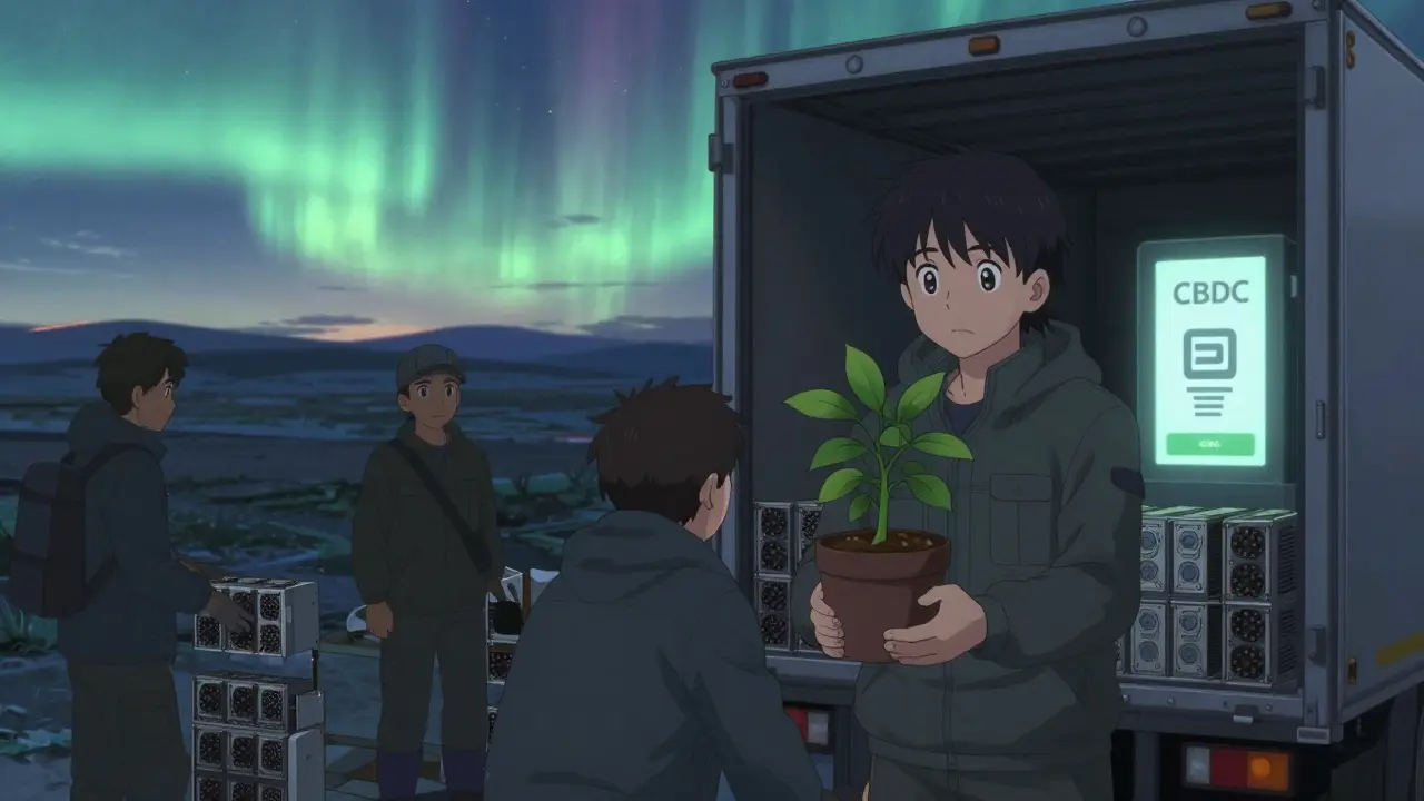 Miners packing old rigs into a truck as a new digital kiosk glows softly in the distance.