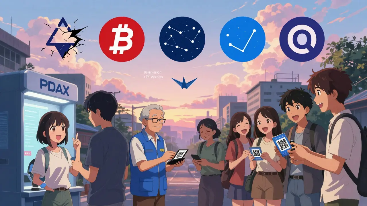 People in Manila use licensed crypto services under a sky shaped by fading blocked platforms and shining approved ones.
