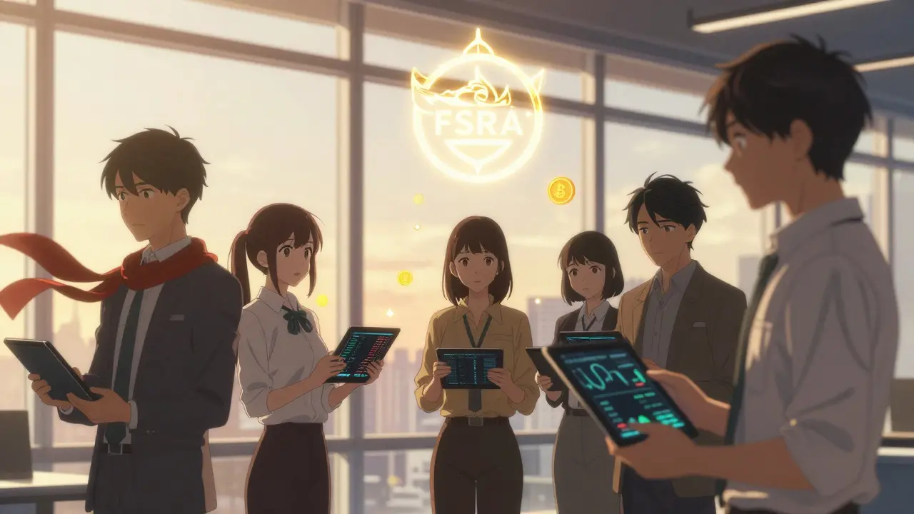 Professionals monitoring crypto markets in a sleek trading floor with a glowing regulatory emblem above them.