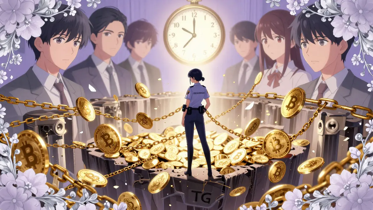 SEC officer standing at a financial abyss as crypto tokens and chains break behind them.