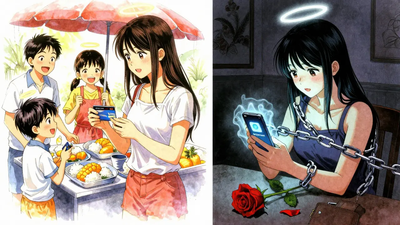 Split scene: happy family using Bitazza Visa card vs. lonely woman facing a frozen account with chains.