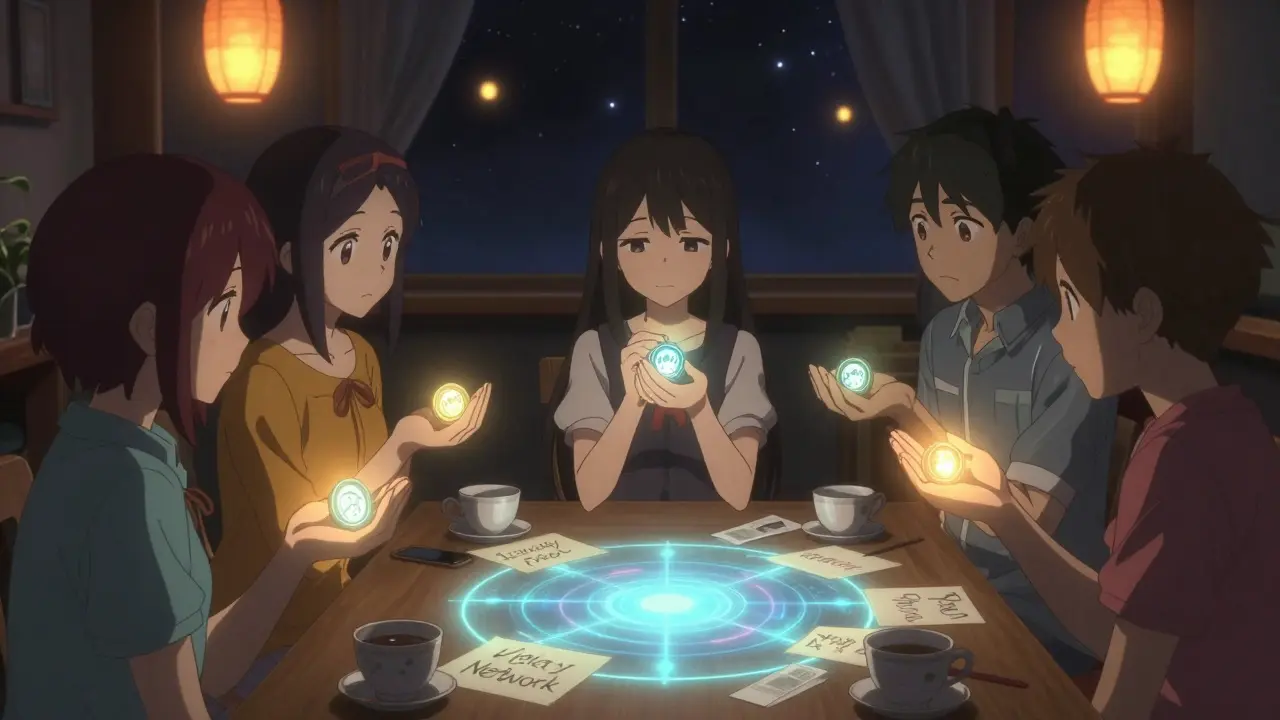 Teens holding dimming WAG tokens at a holographic table under starlit lanterns.