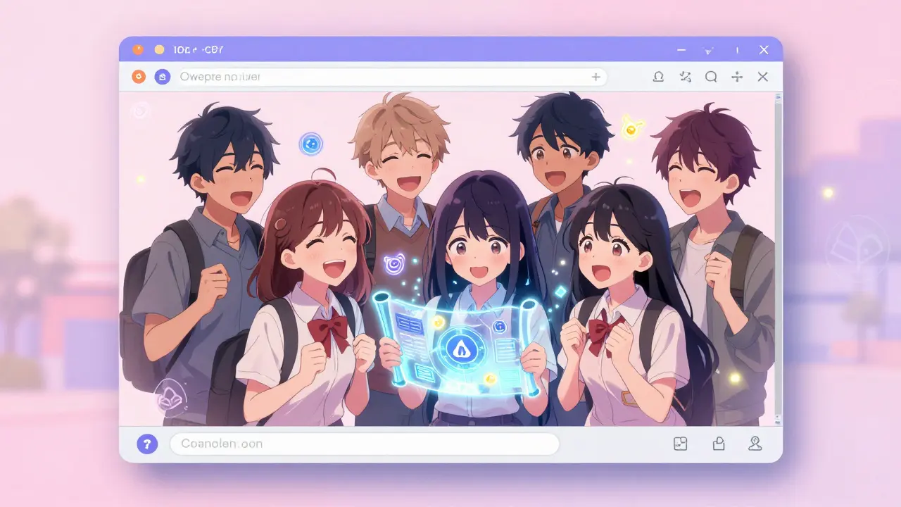 Teens in a Discord chat sharing POUCH tokens as glowing fireflies in a dreamy digital space.