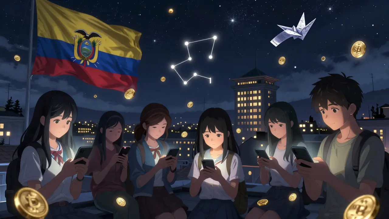 Teens on a Quito rooftop trade crypto via phone under starry skies, digital coins forming constellations above them.