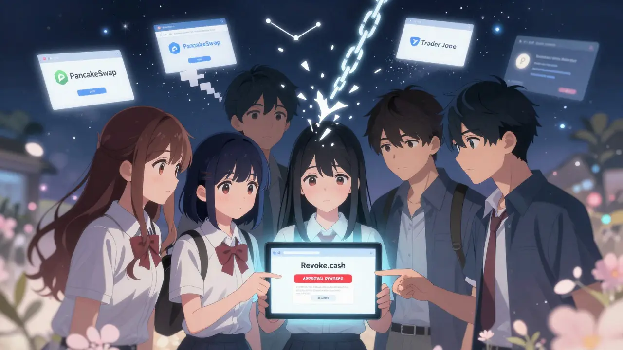 Teens revoking scam contract permissions on a tablet, fake websites dissolving as verified platforms glow like stars.