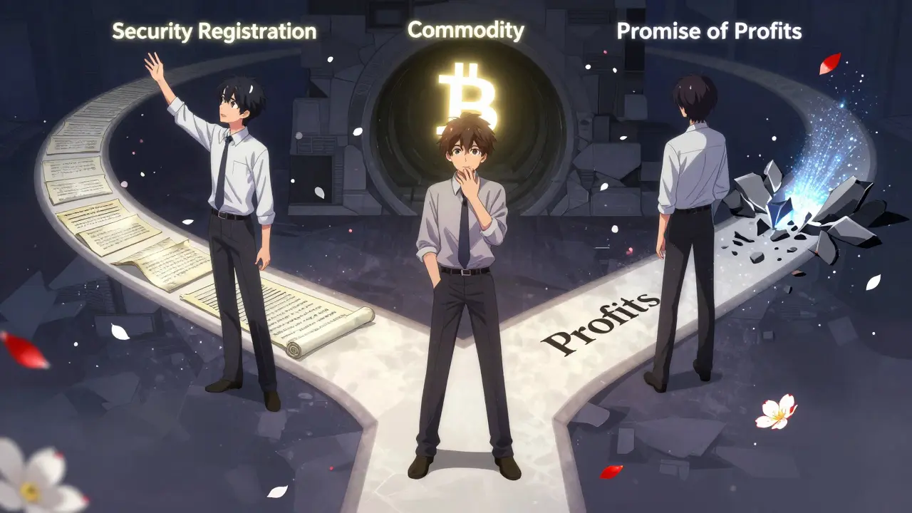 Three founders at a crossroads choosing between registration, commodity, or risky promises.